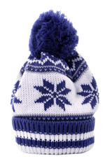 One single blue bobble ski or knit winter hat with snowflake pattern isolated on white background photo