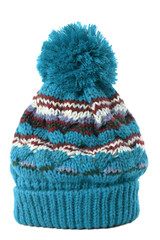 One single blue bobble ski or knit winter hat isolated on white background photo