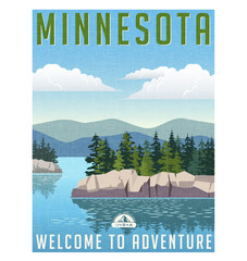 Retro style travel poster or sticker. United States, Minnesota scenic lake - 92183048