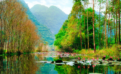 Yen stream on the way to Huong pagoda in autumn, Hanoi, Vietnam