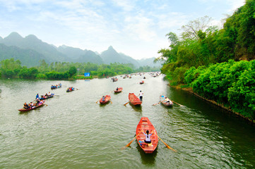 Yen stream on the way to Huong pagoda in autumn, Hanoi, Vietnam