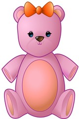 Illustration of a stuffed pink teddy bear wearing a red bow.