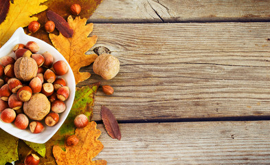 Hazelnuts and walnuts in a bowl