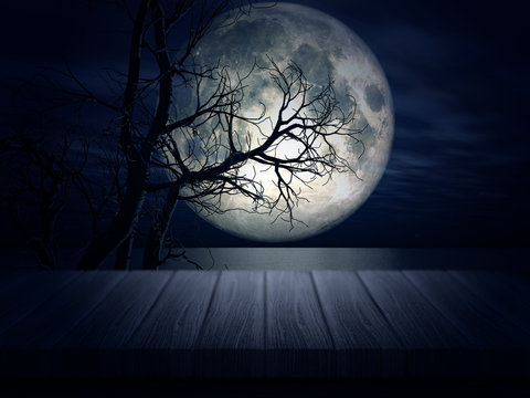 Wooden Table Looking Out To A Spooky Landscape