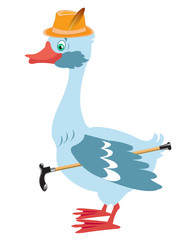 Cartoon goose in hat with walking stick
