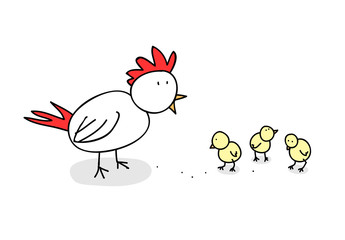 Chickens, a hand drawn vector illustration of a hen and its cute chicks (editable).