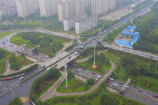 Aerial view of city overpass