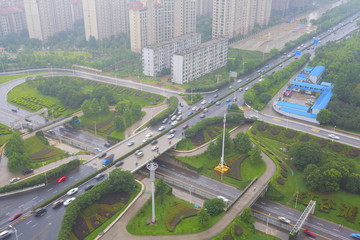 Aerial view of city overpass