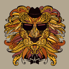 Vector illustration patterned gold head of the lion. Tattoo design. It may be used for design of a t-shirt, bag, postcard, a poster and so on. 