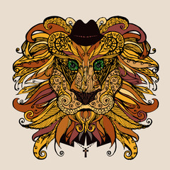 Vector illustration patterned gold head of the lion. Tattoo design. It may be used for design of a t-shirt, bag, postcard, a poster and so on. 