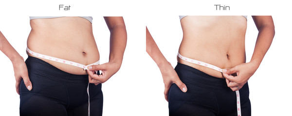 women measuring belly fat itself,before and after weight loss