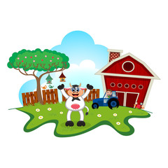 Cow waving cartoon in a farm for your design