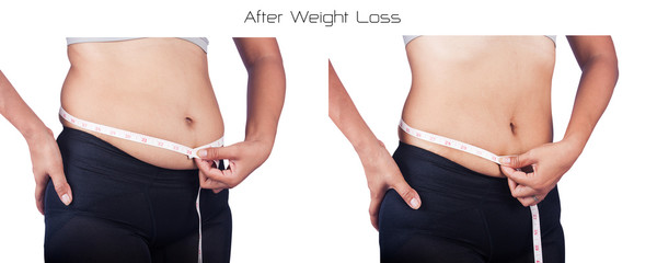 women measuring belly fat itself,before and after weight loss