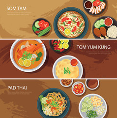 thai food web banner flat design.som tam, tom yum kung,pad thai