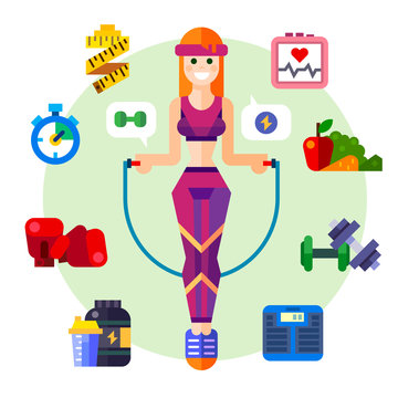 Happy and healthy fitness girl with a skipping rope, Sport style symbols: vegetables, shaping, cardio, dumbbells, boxing gloves, healthy food. Vector flat icon and illustration set