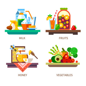 Vector flat illustration set. Healthy and delicious foods: honey, milk, fruits, berries vegetables, juice, jam.