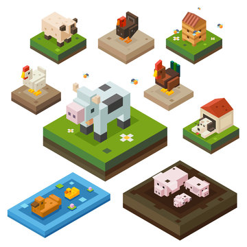 Cute farm animals: sheep, turkey, bees, chicken, cow, rooster, dog, pigs, duck. Isometric flat vector illustration.