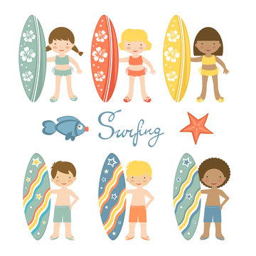 Cute collection of surfing kids