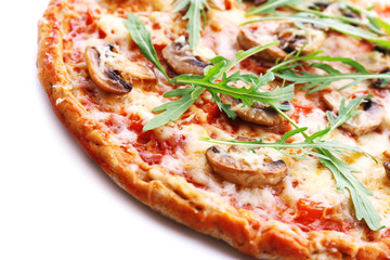 Tasty pizza with vegetables and arugula close up