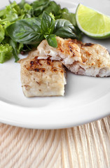 Dish of fish fillet with salad and lime on table close up