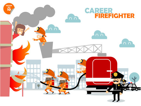 Firefighters fighting building on fire and rescuing woman who stuck in there,firefighters career concept design