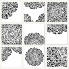 Vector set with mandala. Background abstract circle ornament. Decorative retro element. Invitation card on wedding, birthday.