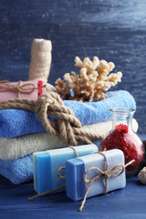 Spa treatments on blue background. Sea spa concept
