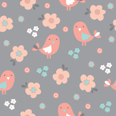 seamless pastel bird with flower pattern vector illustration
