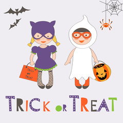 Trick or treat Halloween card with two kids