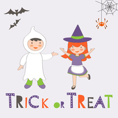 Obraz na płótnie Canvas Trick or treat Halloween card with two kids