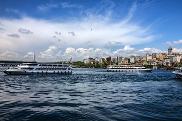 Fototapeta premium Galata tower - Istanbul sea front view, Bosporus, Turkey.