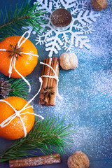 Fototapeta na wymiar Tangerines, cinnamon, nuts and snowflake as the Christmas Decor.