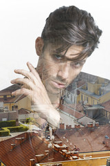 Double exposure of handsome man and cityscape