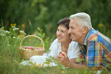 Happy elder couple resting on grass