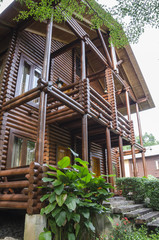 Fototapeta na wymiar loghouse - Cozy log house amongst green environment
