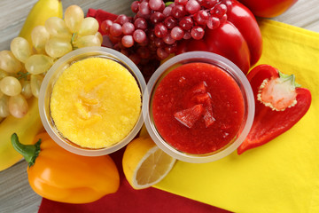 Fresh juice mix fruit, healthy drinks on wooden table background