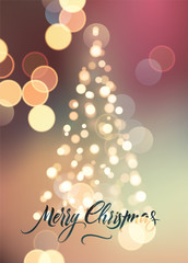 Merry Christmas. Calligraphic retro Christmas greeting card design on blurry background. Vector illustration. Eps10.