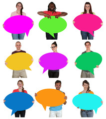 Multikulturell Gruppe junge Menschen People halten Sprechblasen