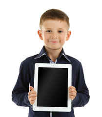 Beautiful little boy with digital tablet, isolated on white