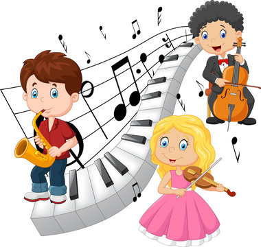 Little kids playing music with piano tone background
