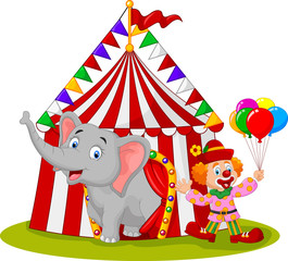 Cartoon cute elephant and clown with circus tent
