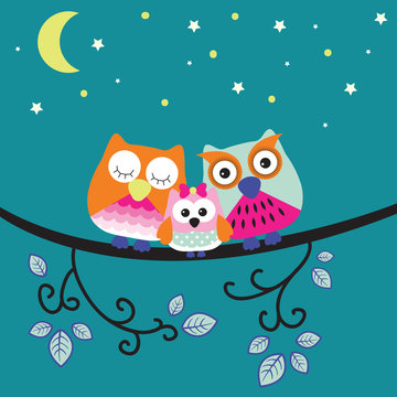 good night owl family vector illustration