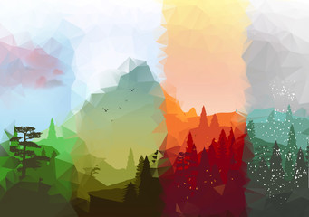 Four Seasons Banners with Abstract Forest and Mountains - Vector Illustration - 92204028