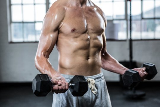 Fit shirtless man lifting dumbbells
