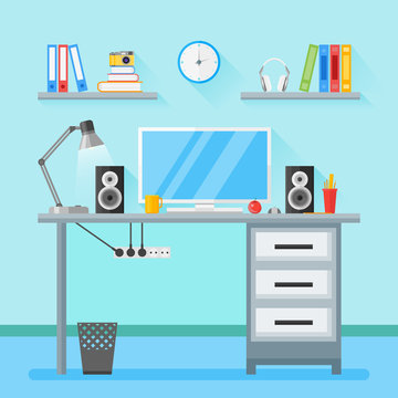 Modern workplace in room. Home workspace with objects, equipment. Flat style illustration with long shadow.