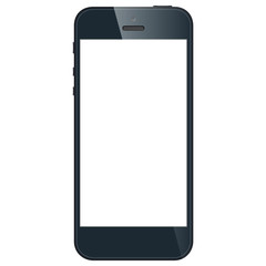 Realistic black mobile phone with blank screen isolated on white background.