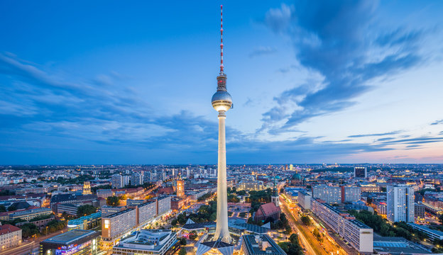 Berlin skyline with TV tower at Alexanderplatz at night, Germany