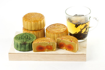 Group of Moon cake and cup of tea