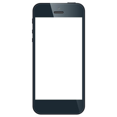 Realistic black mobile phone with blank screen isolated on white background. Vector EPS10