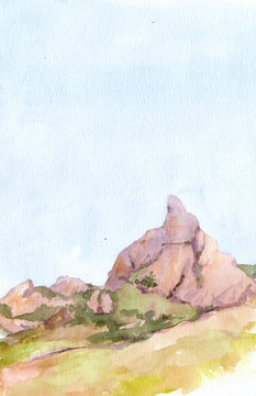 Watercolor view of mountain peak
